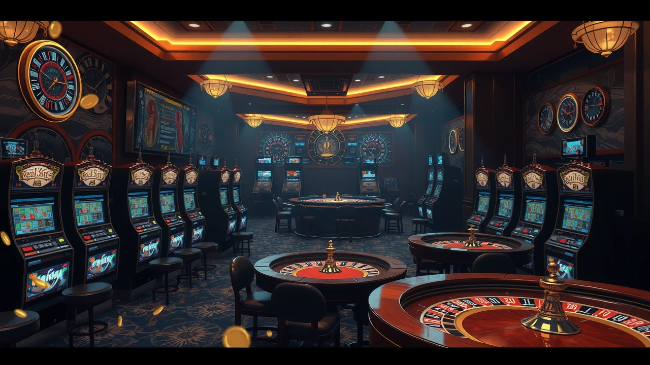 Casino interior with slot machines and golden coins